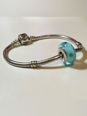 Authentic Pandora 17cm Signature 925 Silver Bracelet & Blue Murano Glass Charm